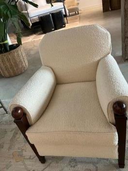 Pair of Vintage Armchairs w/ Cream, Wool Boucle & Wood Accents