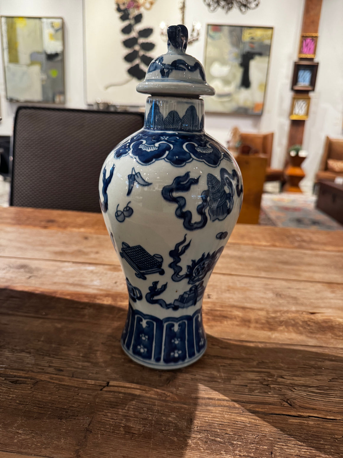 Pair of Delft Vases with Foo Dog Lids