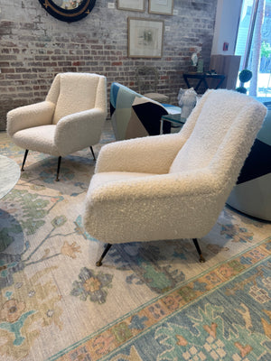 Pair of Mid Century Modern Italian Armchairs in Cream Wool Boucle