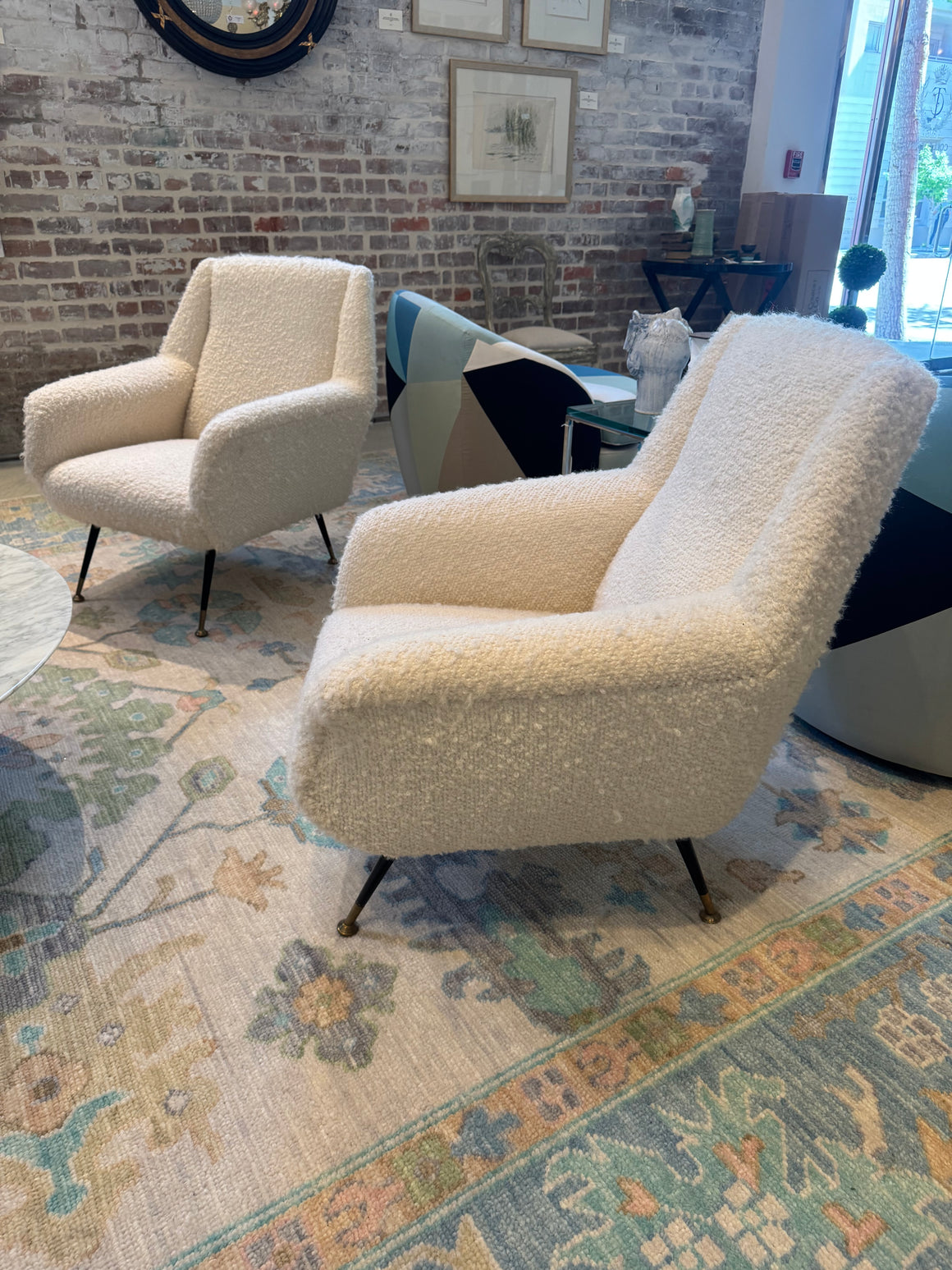 Pair of Mid Century Modern Italian Armchairs in Cream Wool Boucle
