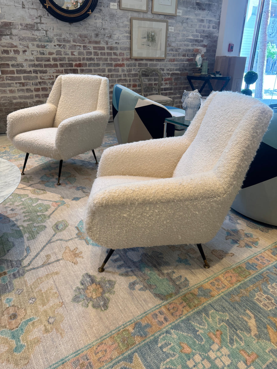Pair of Mid Century Modern Italian Armchairs in Cream Wool Boucle
