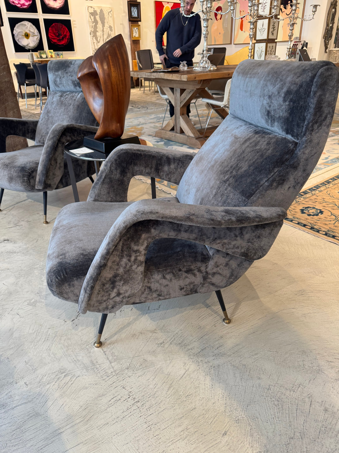 Pair of Italian Mid Century Modern Armchairs in Dark Gray Velvet