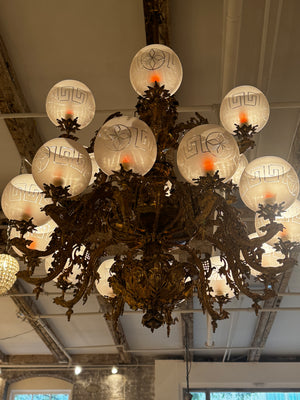 Large Two-Tier Gilt-Bronze 18 Light Gasolier Chandelier