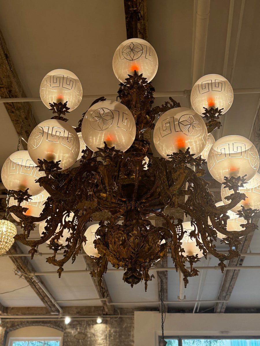 Large Two-Tier Gilt-Bronze 18 Light Gasolier Chandelier